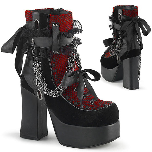 Demonia Cult Special Offer - "Charade-110" Boots - Black Vegan Leather-Red/Black Velvet-Fishnet Overlay
