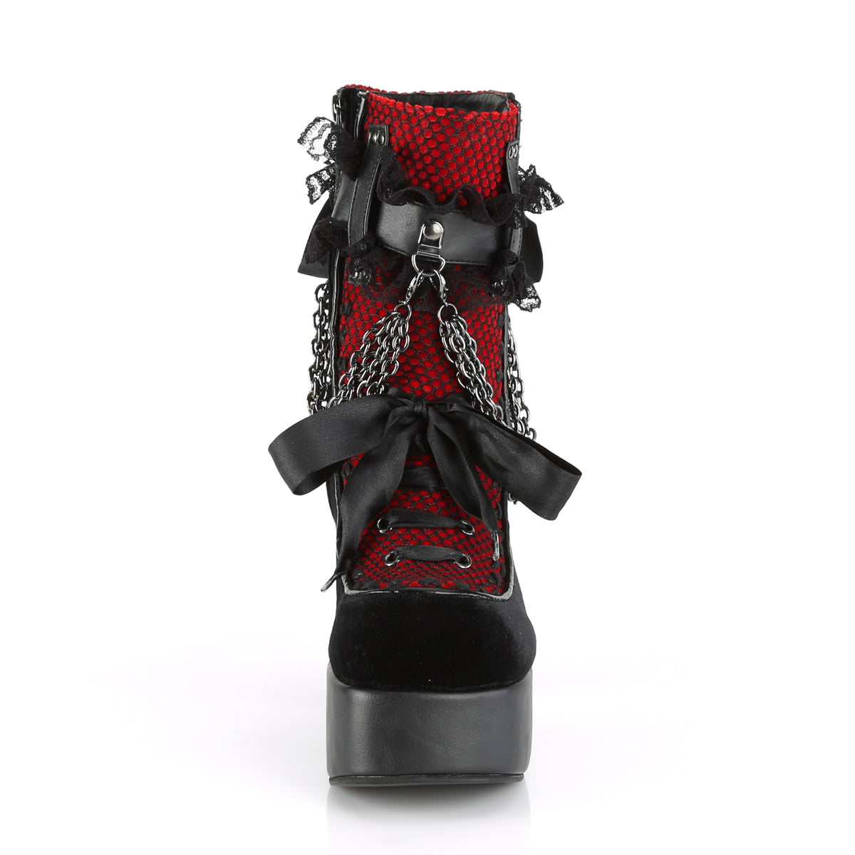 Demonia Cult Special Offer - "Charade-110" Boots - Black Vegan Leather-Red/Black Velvet-Fishnet Overlay