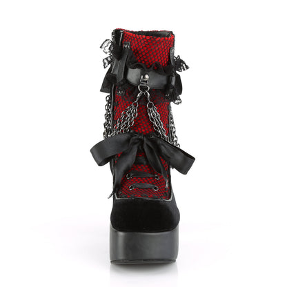Demonia Cult Special Offer - "Charade-110" Boots - Black Vegan Leather-Red/Black Velvet-Fishnet Overlay