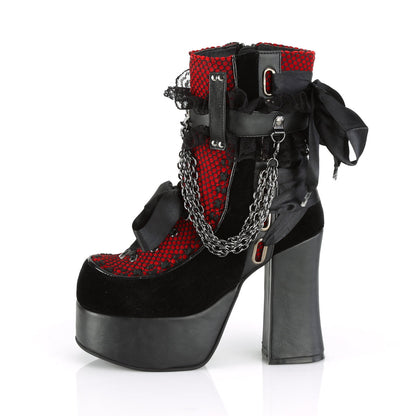 Demonia Cult Special Offer - "Charade-110" Boots - Black Vegan Leather-Red/Black Velvet-Fishnet Overlay