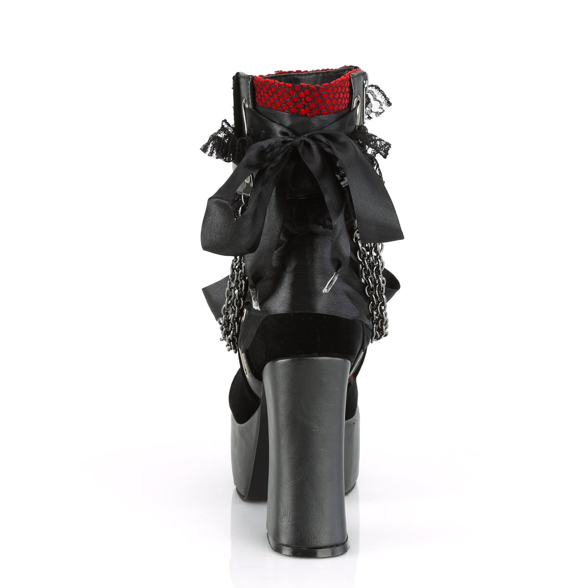 Demonia Cult Special Offer - "Charade-110" Boots - Black Vegan Leather-Red/Black Velvet-Fishnet Overlay