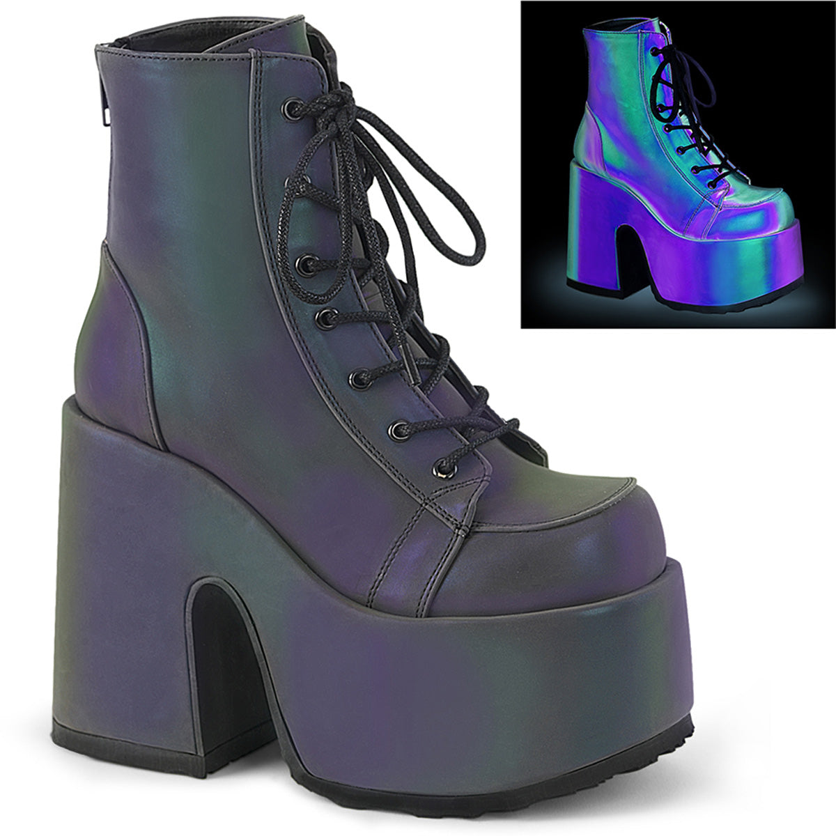 Demonia Cult Hot Sale - "Camel-203" Boots - Green Multi Reflective