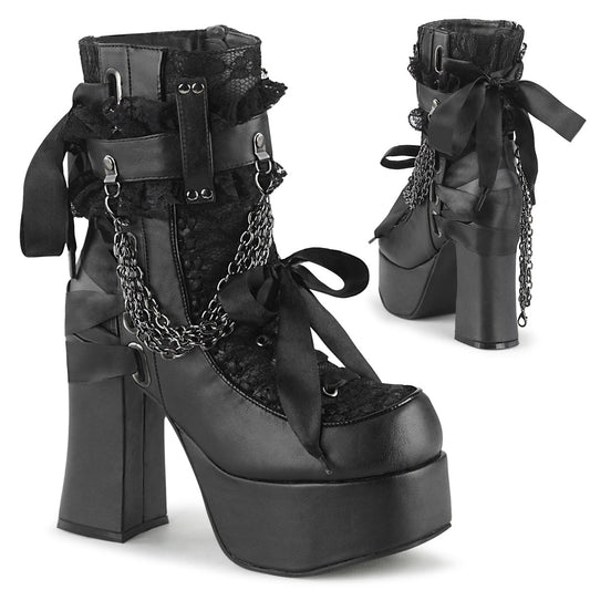 Demonia Cult Latest - "Charade-110" Boots - Black Vegan Leather-Lace Overlay