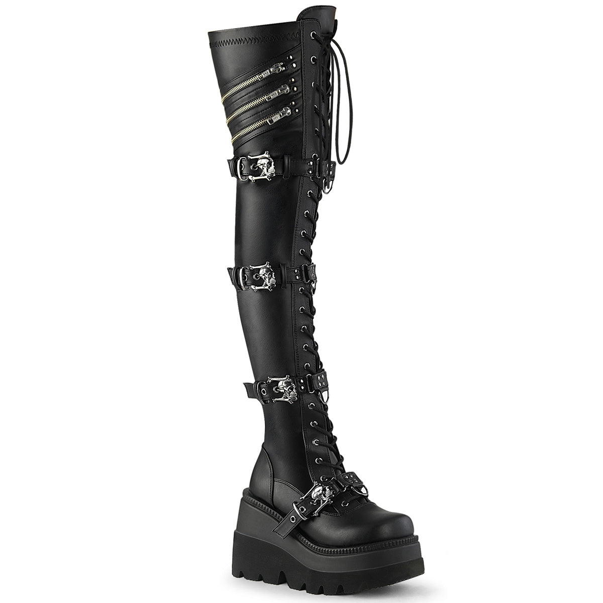 Demonia Cult Deals - "Shaker-420" Boots - Black Stretch Vegan Leather