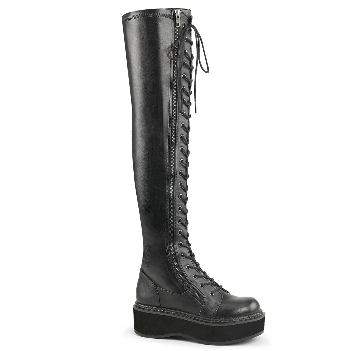 Demonia Cult Classic - "Emily-375" Boots - Black Stretch Vegan Leather