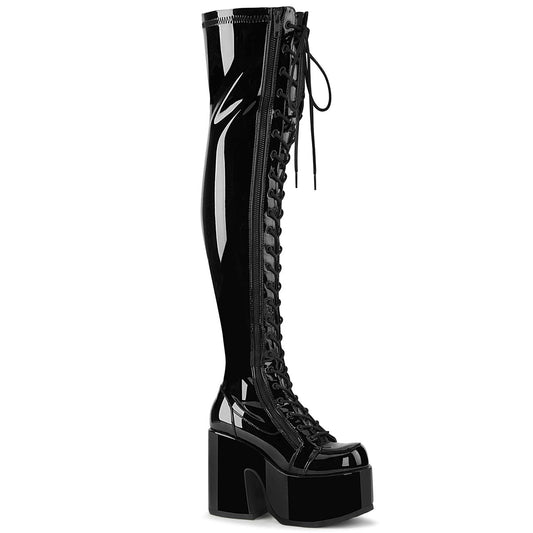 Demonia Cult Signature - "Camel-300" Boots - Black Stretch Patent