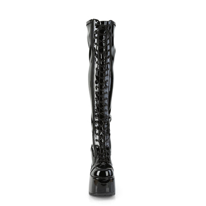 Demonia Cult Signature - "Camel-300" Boots - Black Stretch Patent