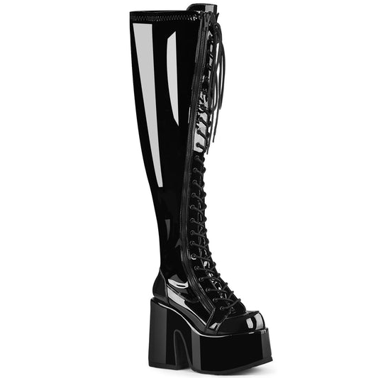Demonia Cult New - "Camel-300WC" Boots - Black Stretch Patent