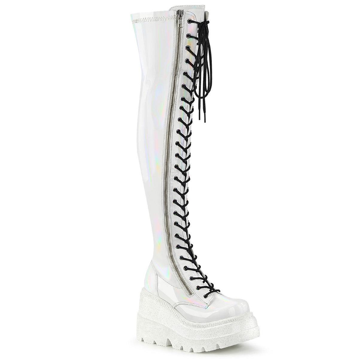 Demonia Cult Sale - "Shaker-374" Boots - White Hologram Stretch Patent