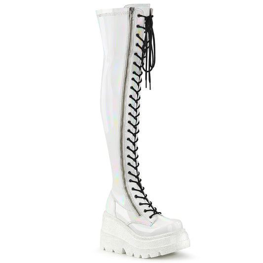Demonia Cult Sale - "Shaker-374" Boots - White Hologram Stretch Patent