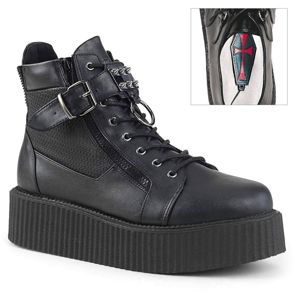 Demonia Cult Featured - "V-CREEPER-566" Creepers - Black Vegan Leather