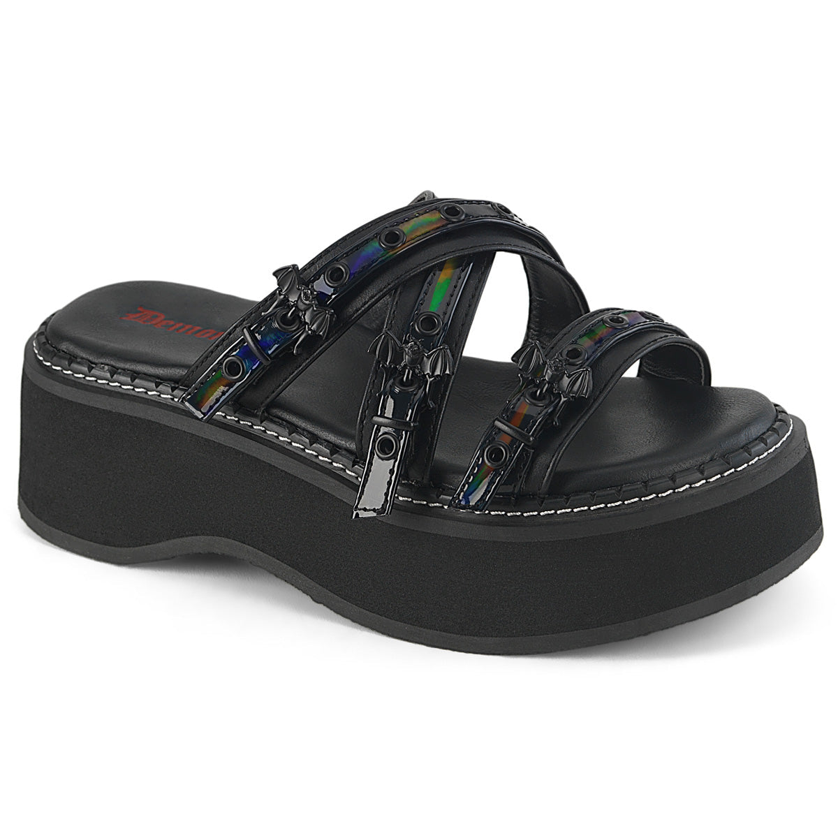 Demonia Cult Customer Favorite - "Emily-07" Sandals - Black Vegan Leather-Holo Patent