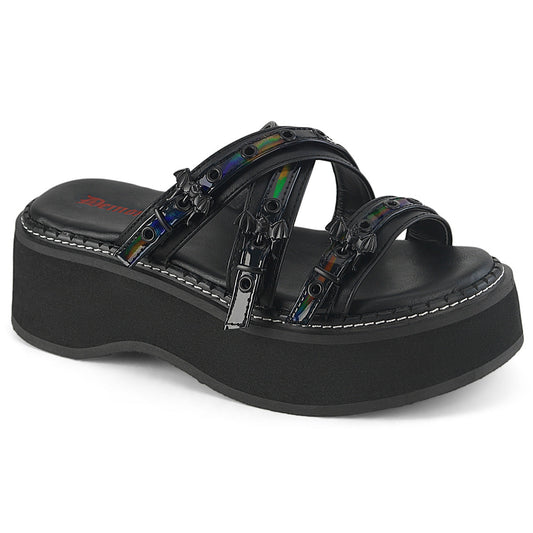 Demonia Cult Customer Favorite - "Emily-07" Sandals - Black Vegan Leather-Holo Patent