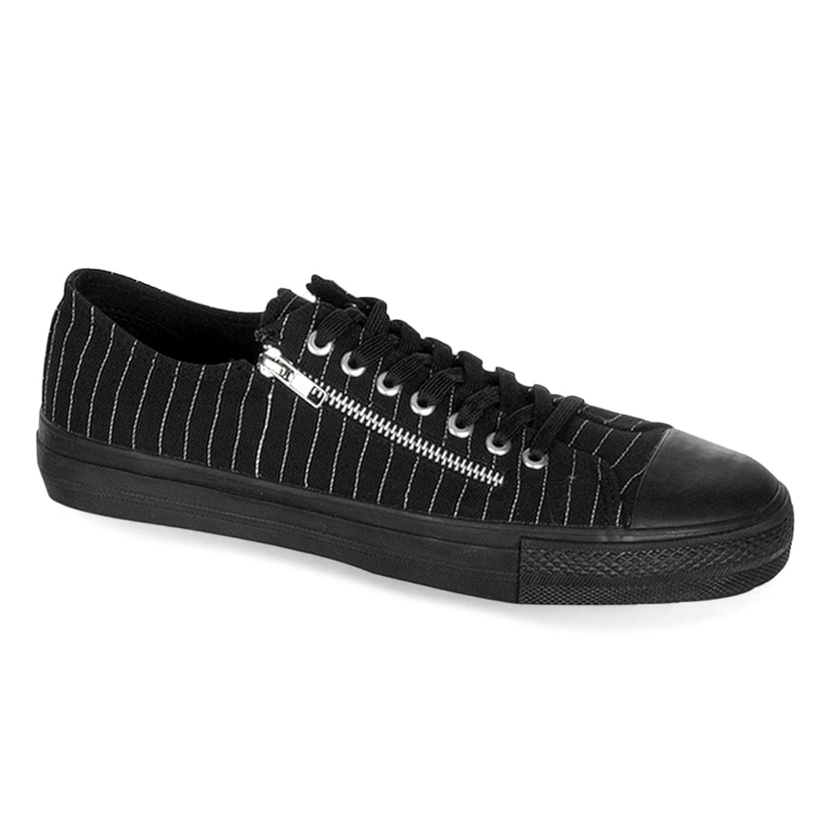 Demonia Cult Trending - "Deviant-06" Sneakers - Black Canvas-White Pinstripes