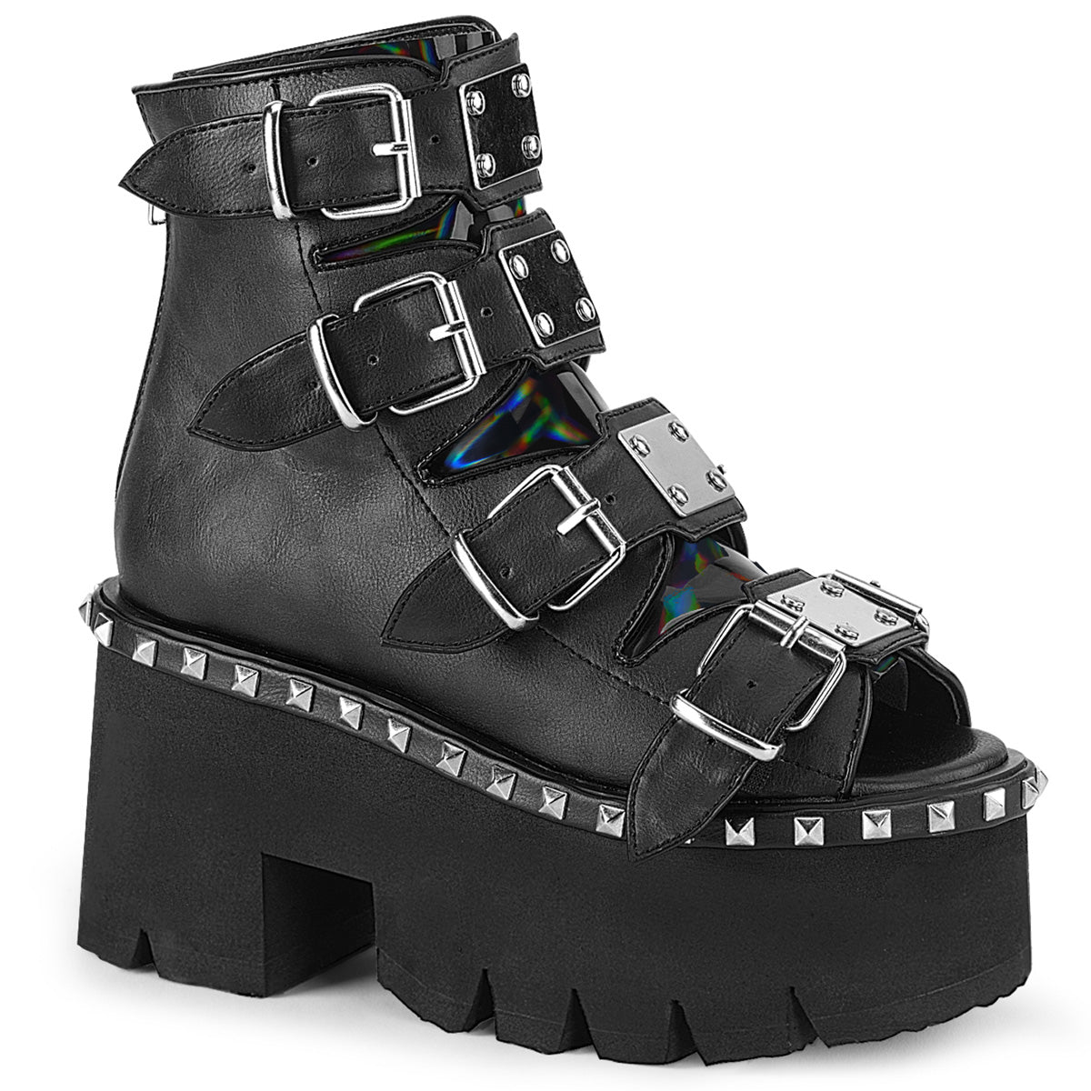 Demonia Cult Discount - "Ashes-70" Boots - Black Vegan Leather & Hologram
