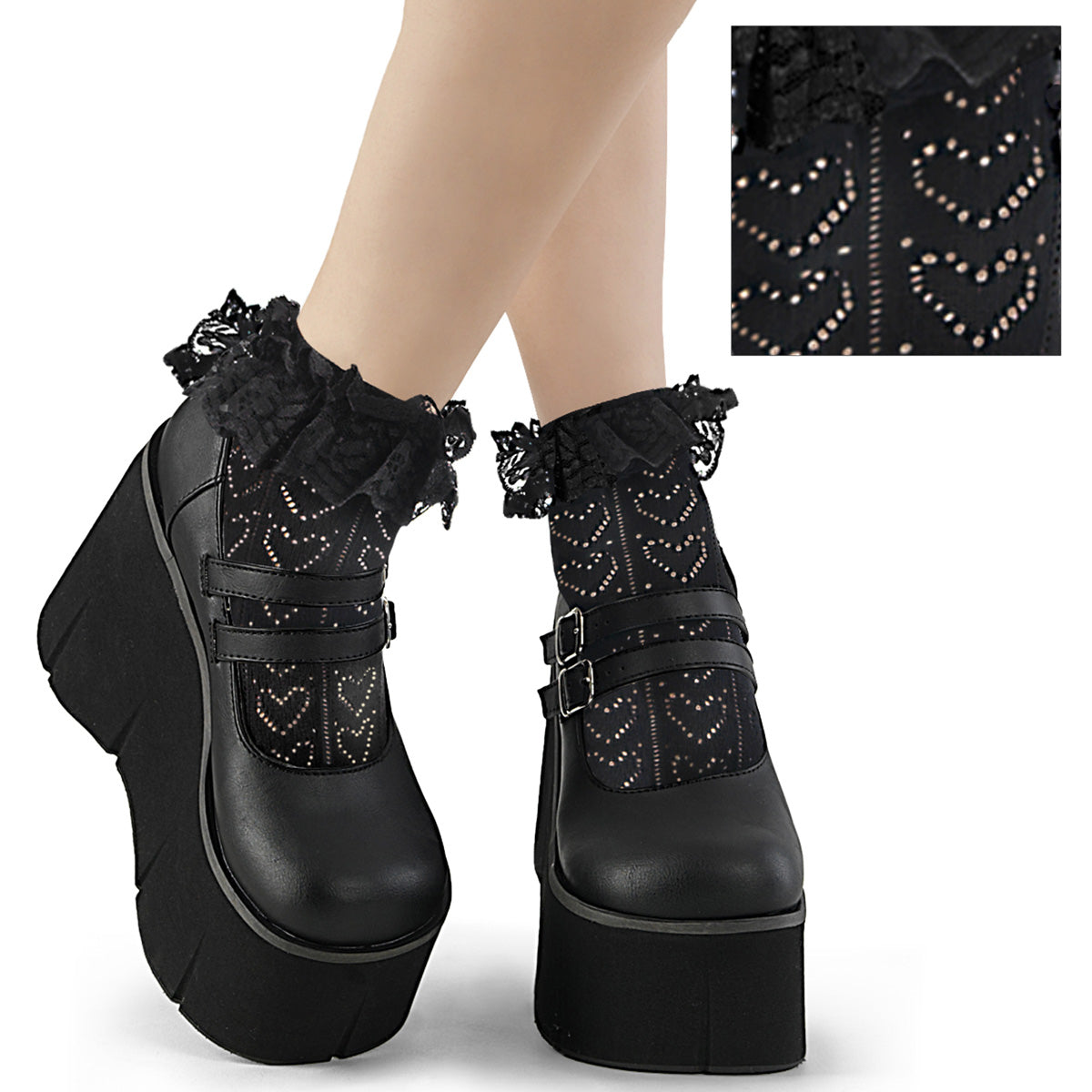 Demonia Cult Great Value - "Heart Net Ruffle Sock" - Black Nylon & Spandex