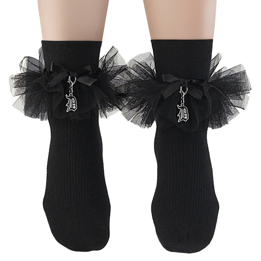 Demonia Cult Best Seller - "Heart Net Ruffle Sock" - White Nylon & Spandex