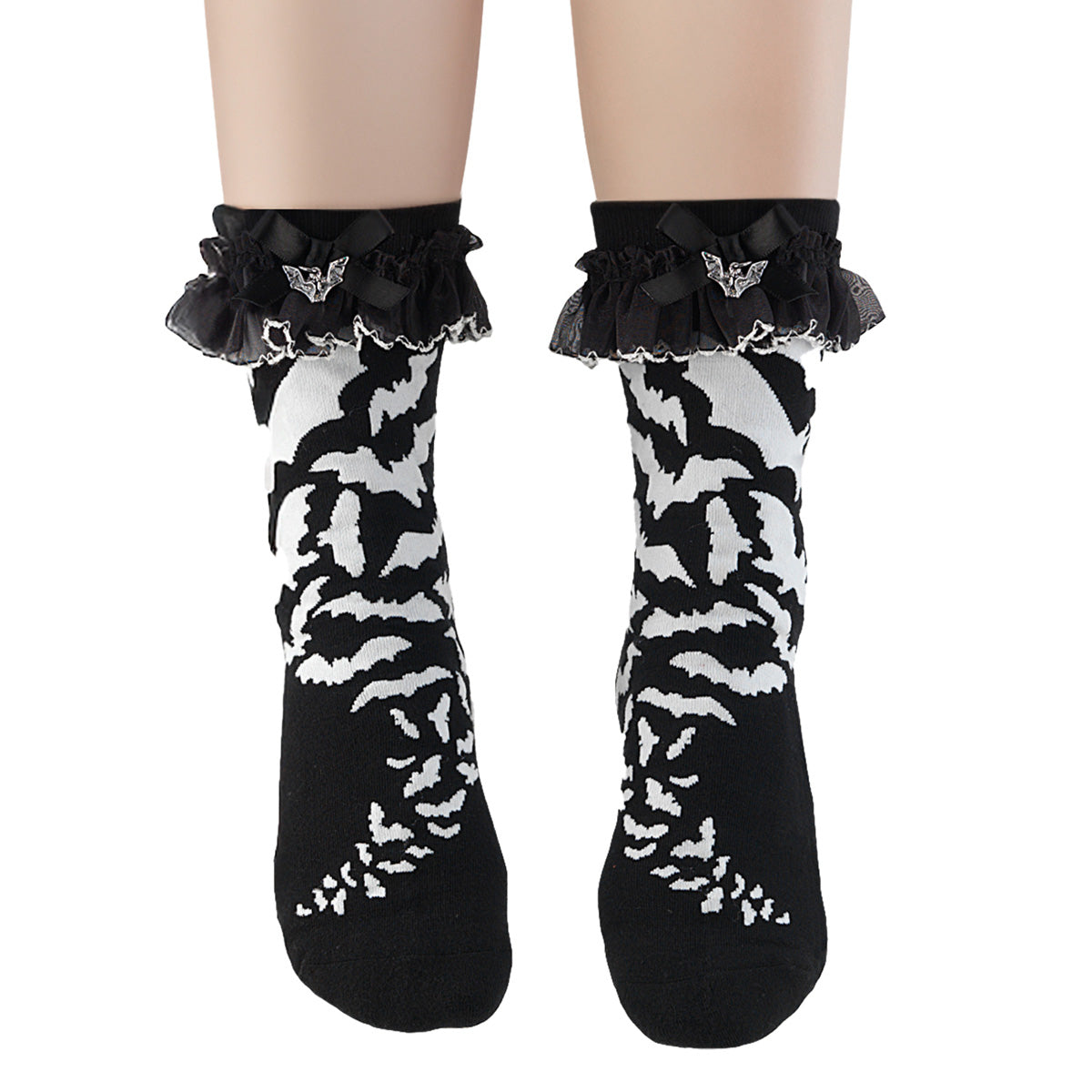 Demonia Cult Deals - "Heart Net Ruffle Sock" - White Nylon & Spandex
