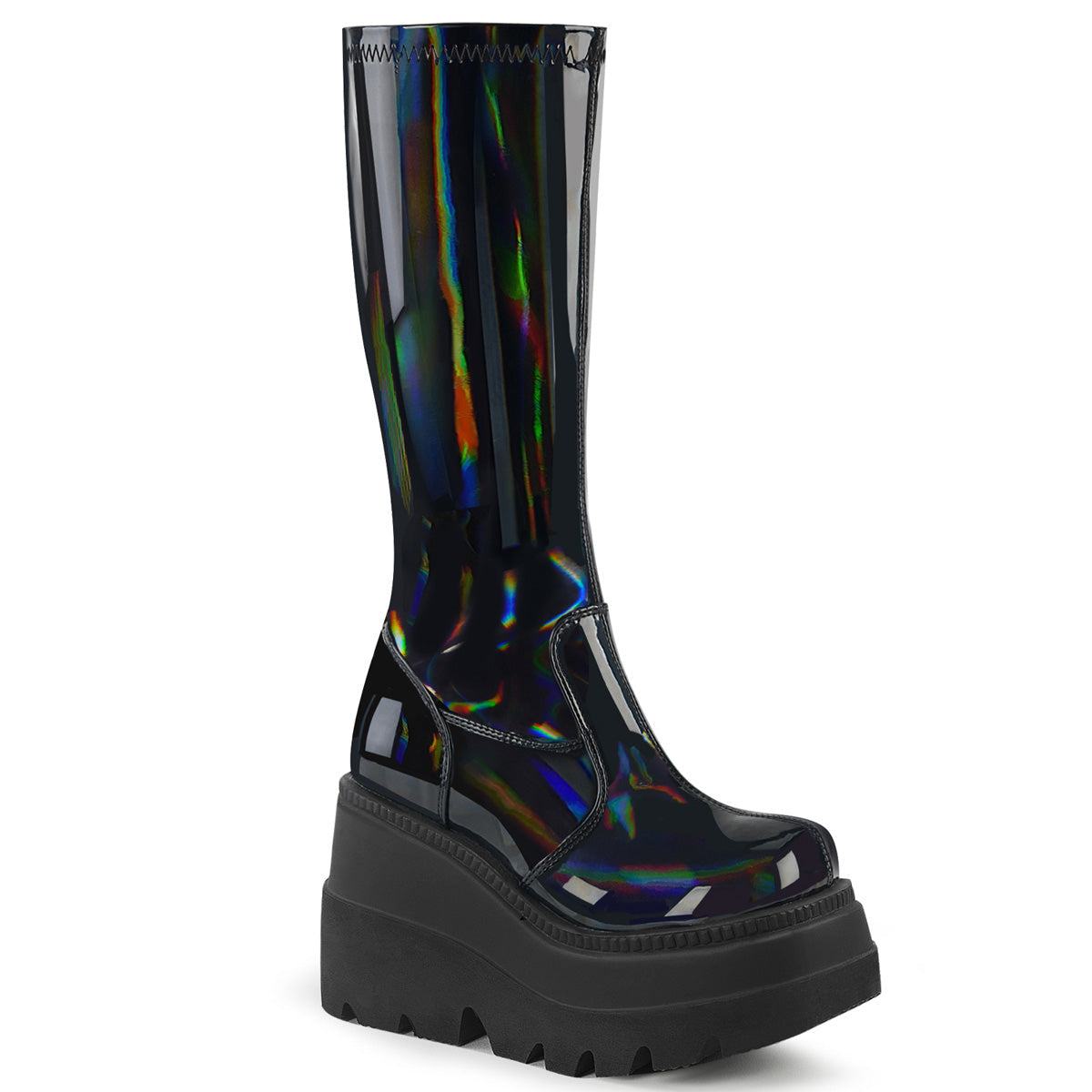 Demonia Cult Hot Sale - "Shaker-65" Boots - Stretch Black Patent Holo