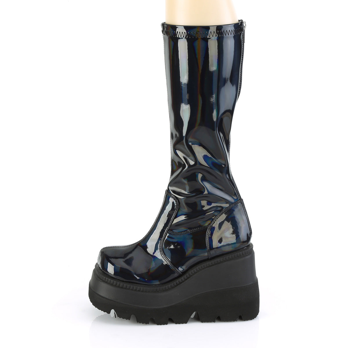 Demonia Cult Hot Sale - "Shaker-65" Boots - Stretch Black Patent Holo