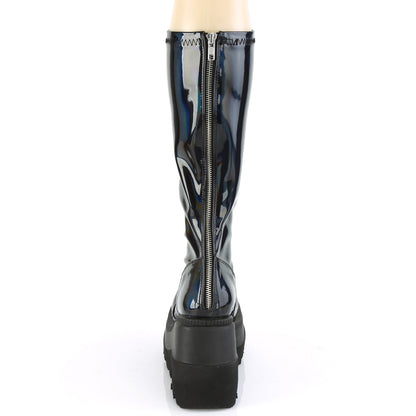 Demonia Cult Hot Sale - "Shaker-65" Boots - Stretch Black Patent Holo
