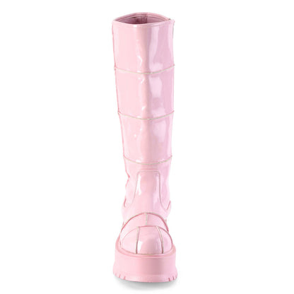 Demonia Cult Latest - "Slacker-230" Boots - Baby Pink Hologram Patent