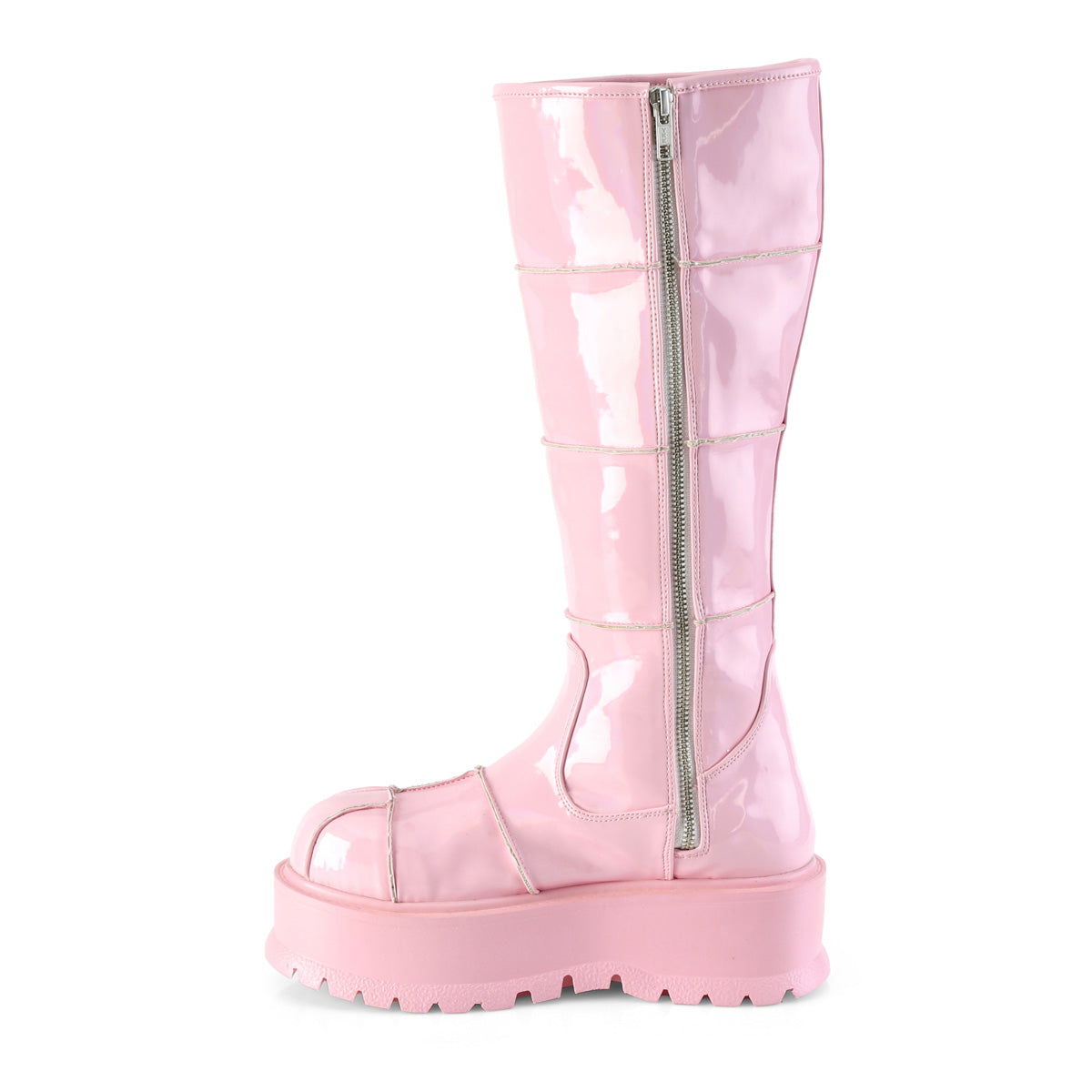 Demonia Cult Latest - "Slacker-230" Boots - Baby Pink Hologram Patent
