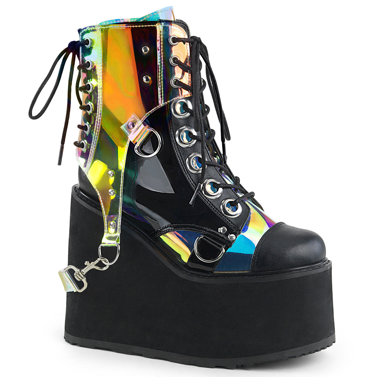 Demonia Cult Classic - "Swing-115" Boots - Black Vegan Leather/Magic Mirror