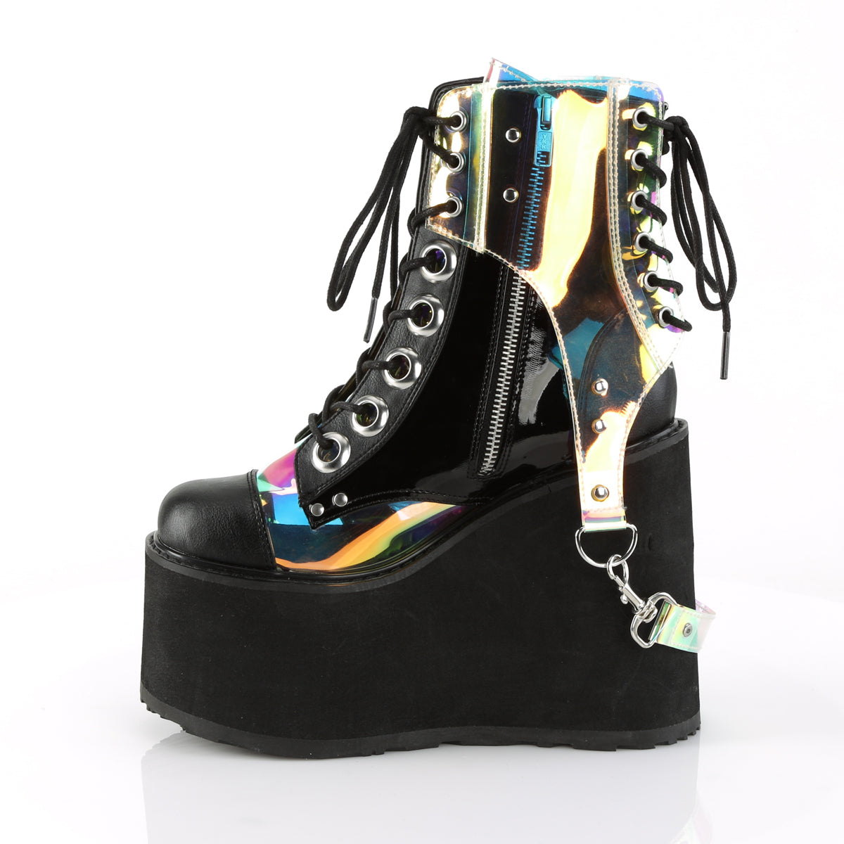 Demonia Cult Classic - "Swing-115" Boots - Black Vegan Leather/Magic Mirror