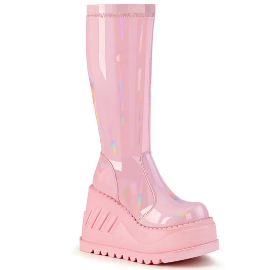 Demonia Cult Trusted - "Stomp-200" Boots - Baby Pink Hologram Stretch Patent