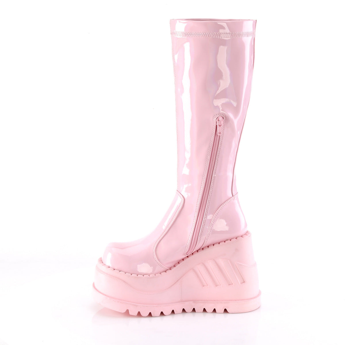 Demonia Cult Trusted - "Stomp-200" Boots - Baby Pink Hologram Stretch Patent