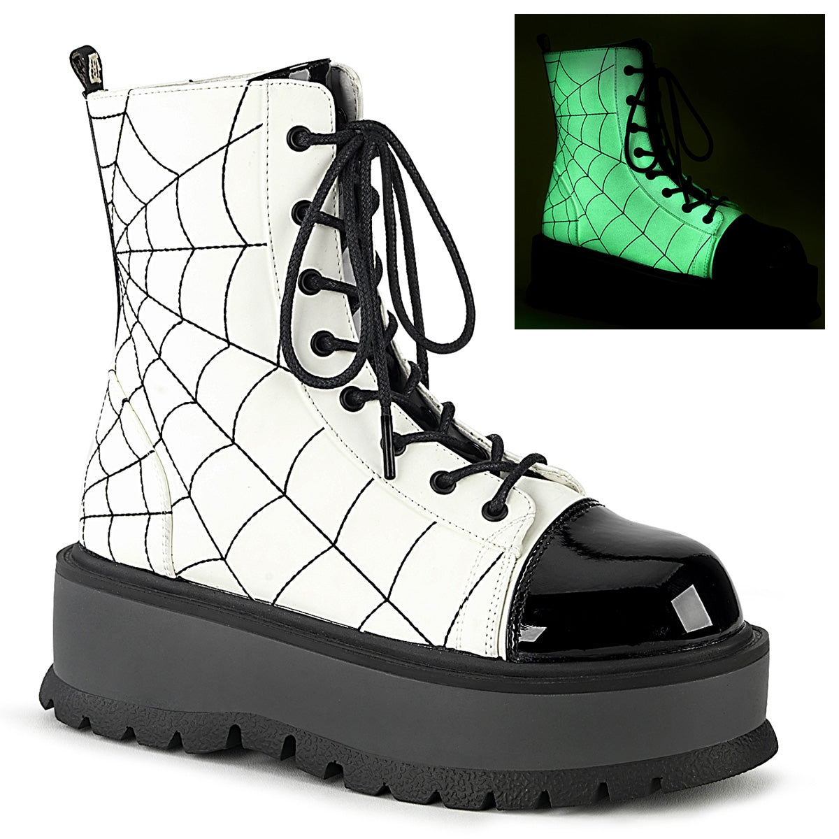 Demonia Cult Great Value - "Slacker-88" Boots - White Glow Vegan Leather-Black Patent
