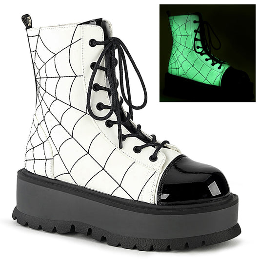 Demonia Cult Great Value - "Slacker-88" Boots - White Glow Vegan Leather-Black Patent