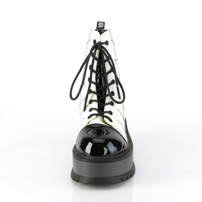 Demonia Cult Great Value - "Slacker-88" Boots - White Glow Vegan Leather-Black Patent