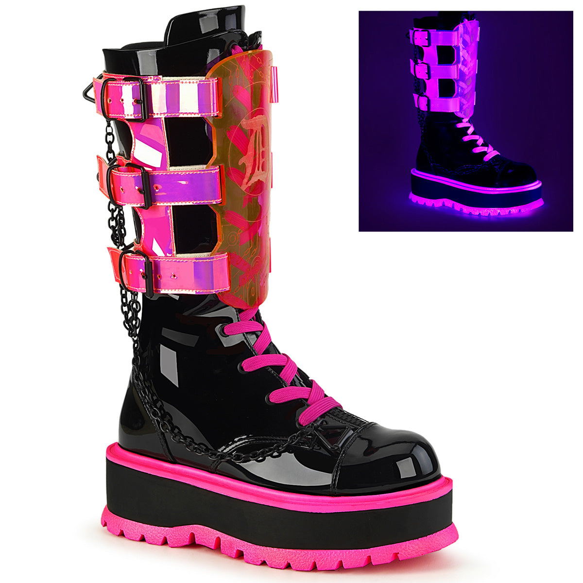 Demonia Cult Special Offer - "Slacker-156" Boots - Black Patent-UV Neon Pink