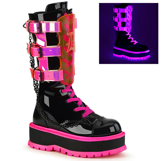Demonia Cult Special Offer - "Slacker-156" Boots - Black Patent-UV Neon Pink