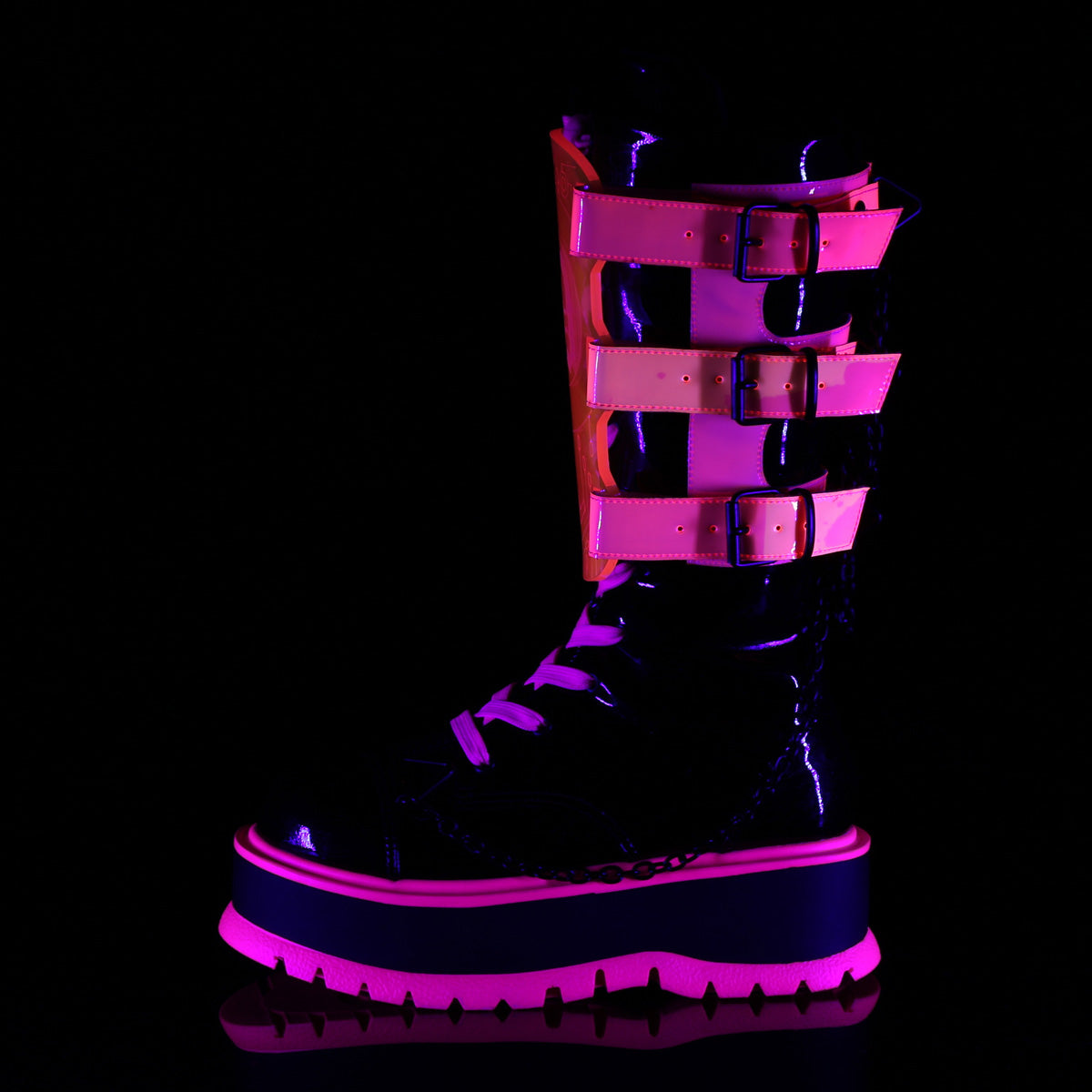Demonia Cult Special Offer - "Slacker-156" Boots - Black Patent-UV Neon Pink