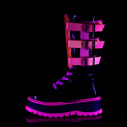 Demonia Cult Special Offer - "Slacker-156" Boots - Black Patent-UV Neon Pink