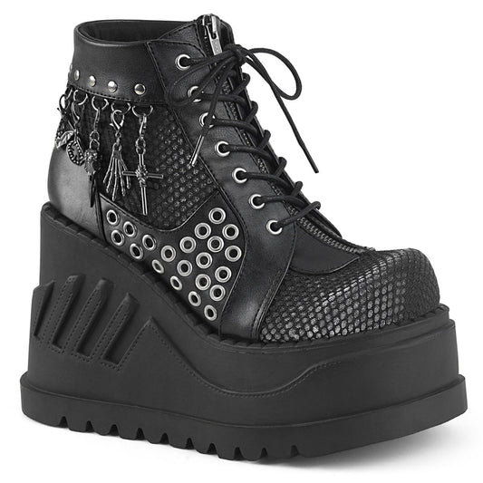 Demonia Cult Sale - "Stomp-18" Boots - Black Vegan Leather-Gray Velvet