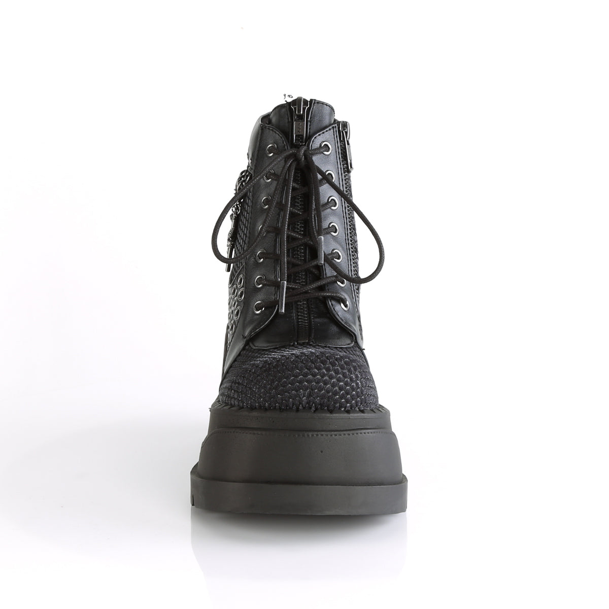 Demonia Cult Sale - "Stomp-18" Boots - Black Vegan Leather-Gray Velvet