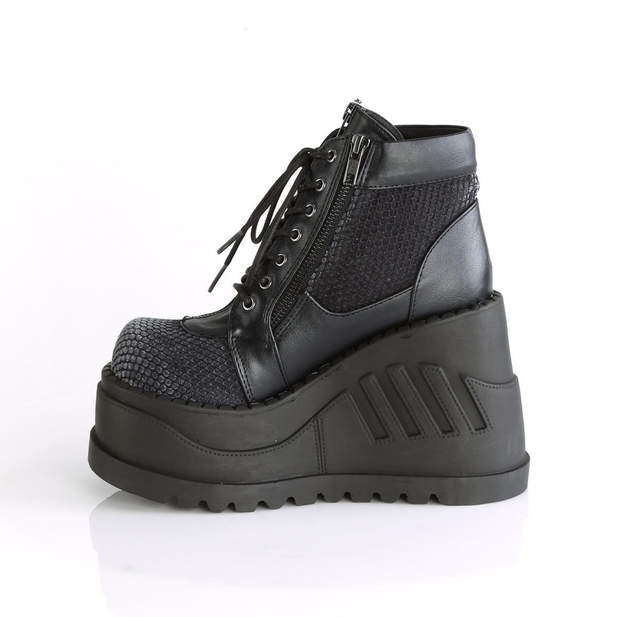 Demonia Cult Sale - "Stomp-18" Boots - Black Vegan Leather-Gray Velvet