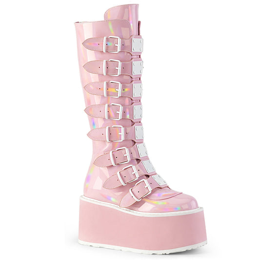 Demonia Cult Signature - "Damned-318" Boots - Baby Pink Holo Patent