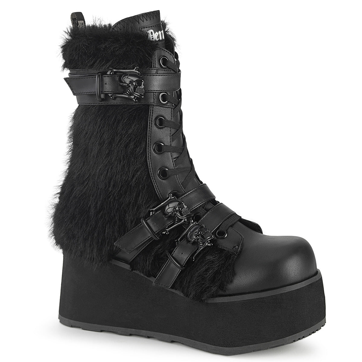 Demonia Cult Essential - "Trashville-218" Boots - Black Vegan Leather-Faux Fur