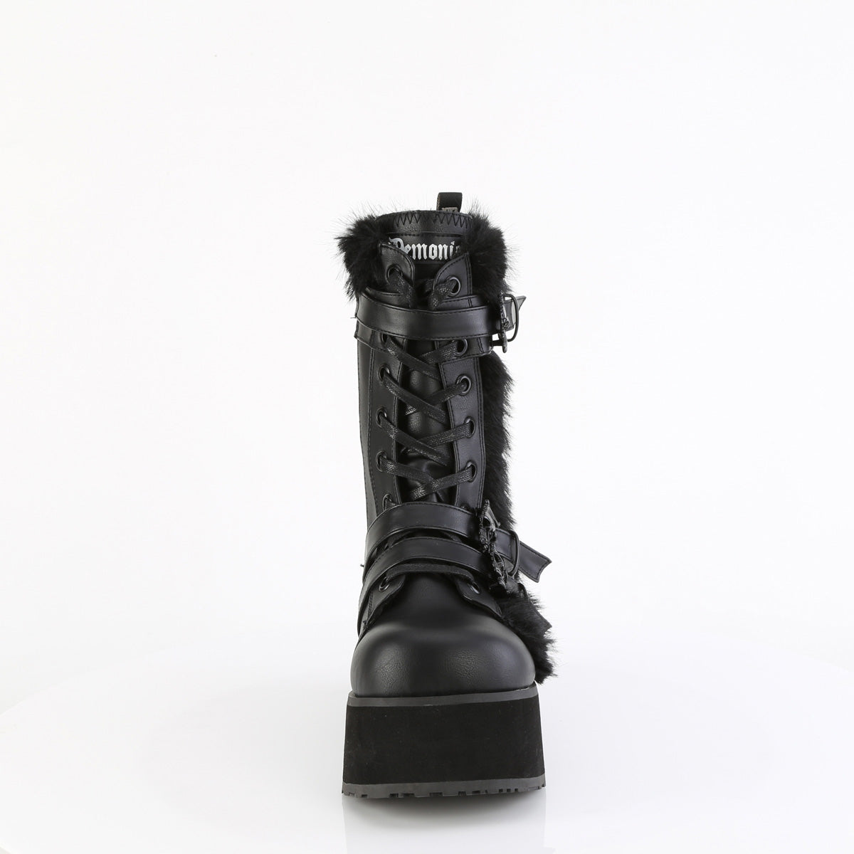 Demonia Cult Essential - "Trashville-218" Boots - Black Vegan Leather-Faux Fur