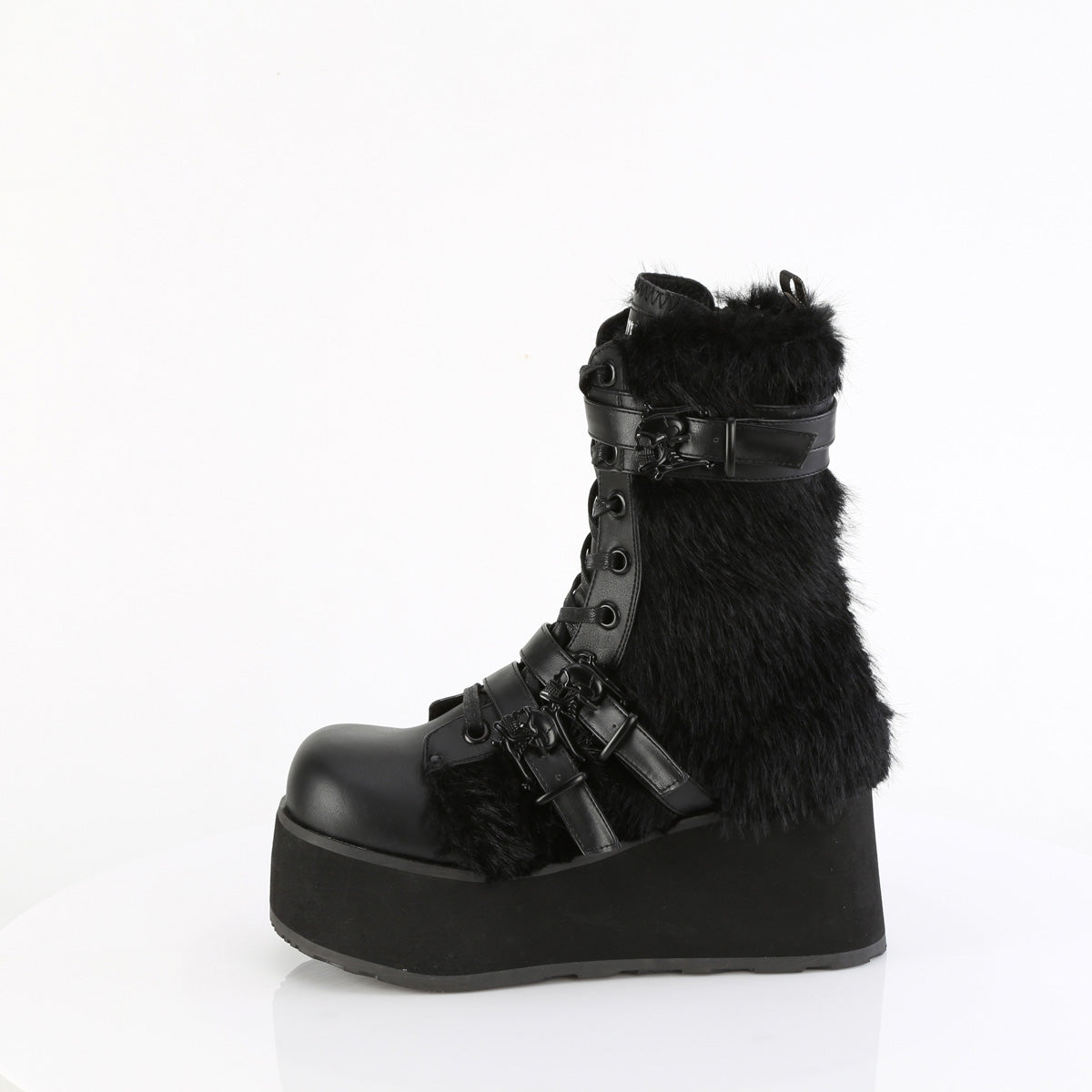 Demonia Cult Essential - "Trashville-218" Boots - Black Vegan Leather-Faux Fur