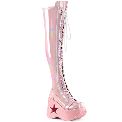 Demonia Cult Best Seller - "Dynamite-300" Boots - Baby Pink Stretch Holo