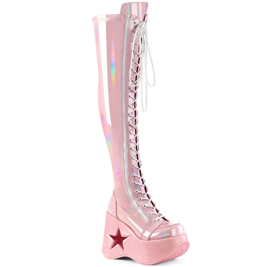 Demonia Cult Best Seller - "Dynamite-300" Boots - Baby Pink Stretch Holo