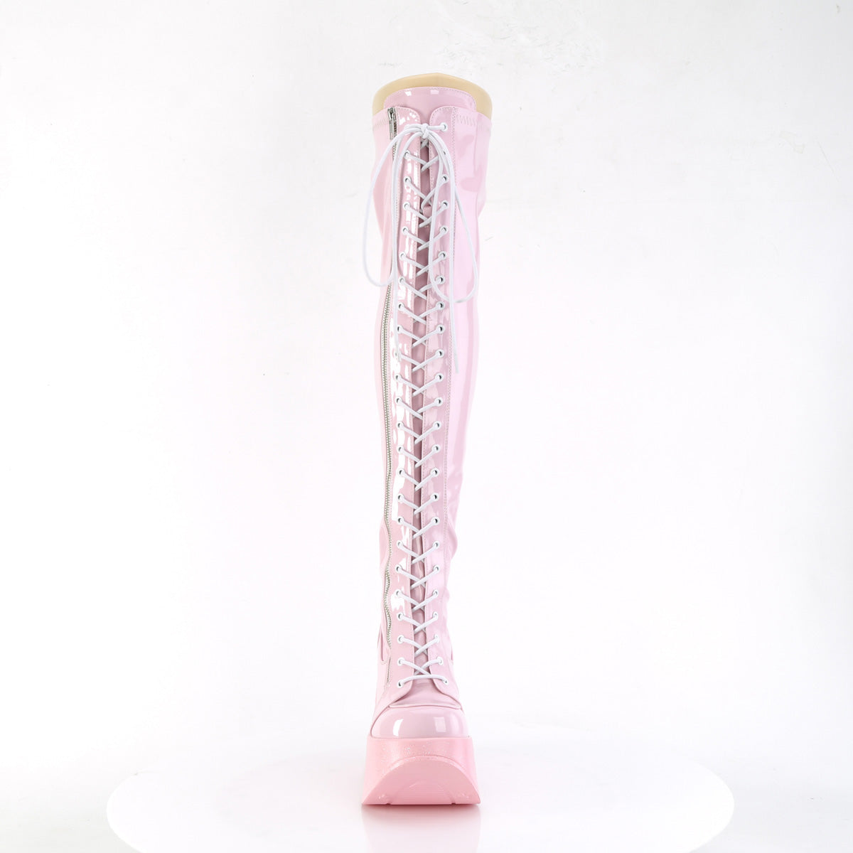 Demonia Cult Best Seller - "Dynamite-300" Boots - Baby Pink Stretch Holo