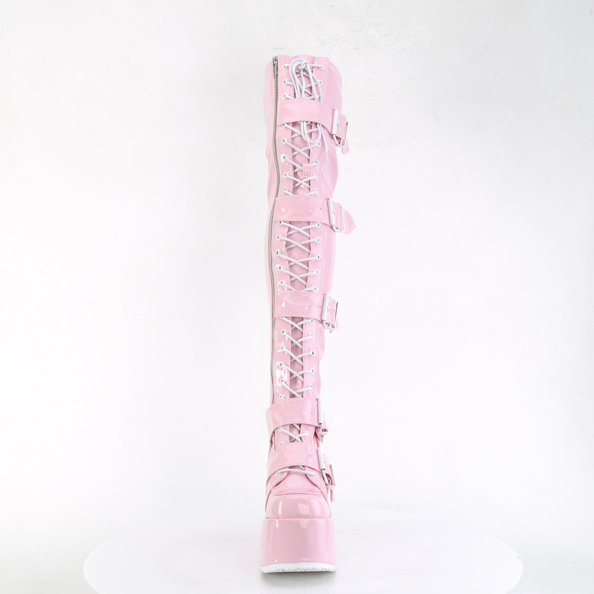 Demonia Cult Trusted - "Camel-305" Boots - Baby Pink Stretch Hologram