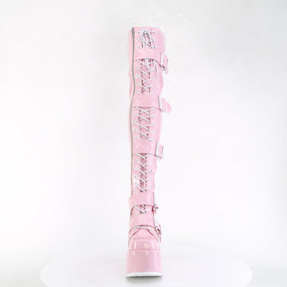 Demonia Cult Trusted - "Camel-305" Boots - Baby Pink Stretch Hologram